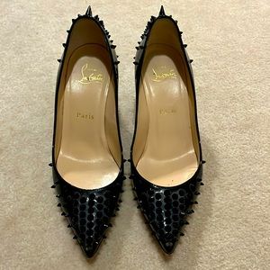 Patent leather black Christian Louboutin porcupine stack heels, size 36